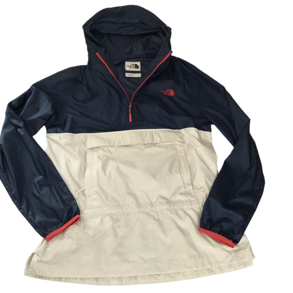 The North Face Anorak Hooded Windbreaker with Kangaroo Pouch.  Dark Blue White S